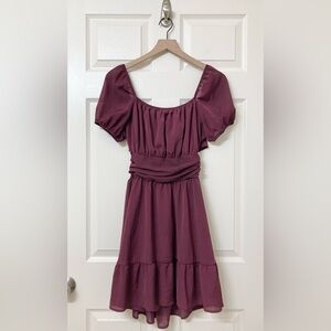 Exlura Purple Chiffon Puff Sleeve Smocked Tie Back Mini Dress Medium Spring